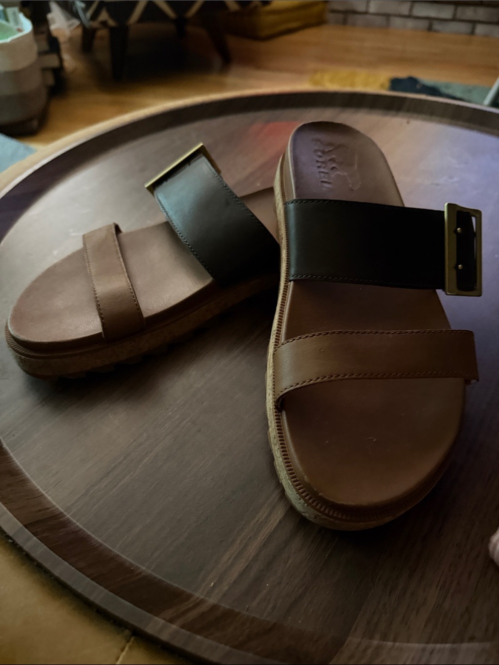 Sorel Tan and Espresso Women's Two-Strap Slide Sandals